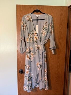 june & hudson Sage Floral Wrap Midi Dress